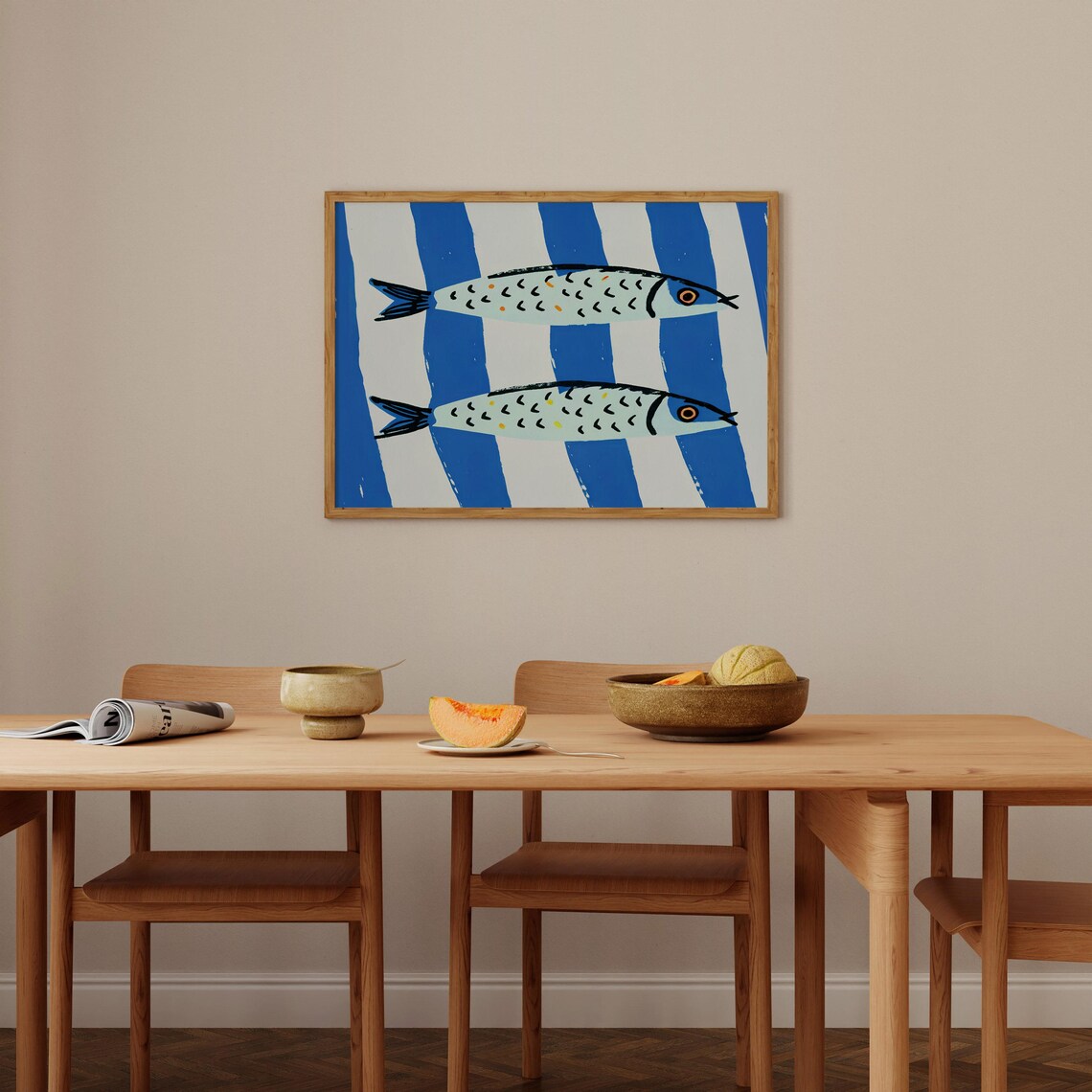 Hand Drawn Sardines on Blue Stripes Mediterranean Kitchen Wall Art Poster - Image 4