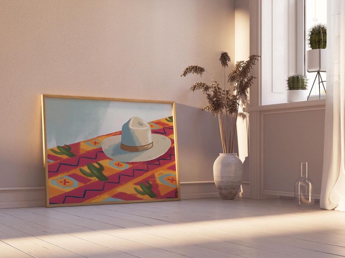 Cowboy Hat On The Colorful Rug Print Southwestern Room Decor Neutral Western Home Art Painting Cowboy Hat Poster Western Art - Image 3