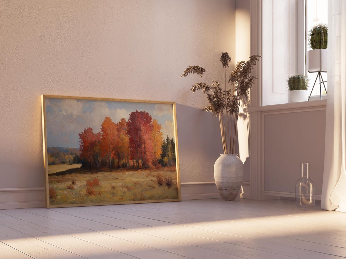 Rustic Autumn Meadow with Crimson Trees Under Cloudy Sky Print - Image 3