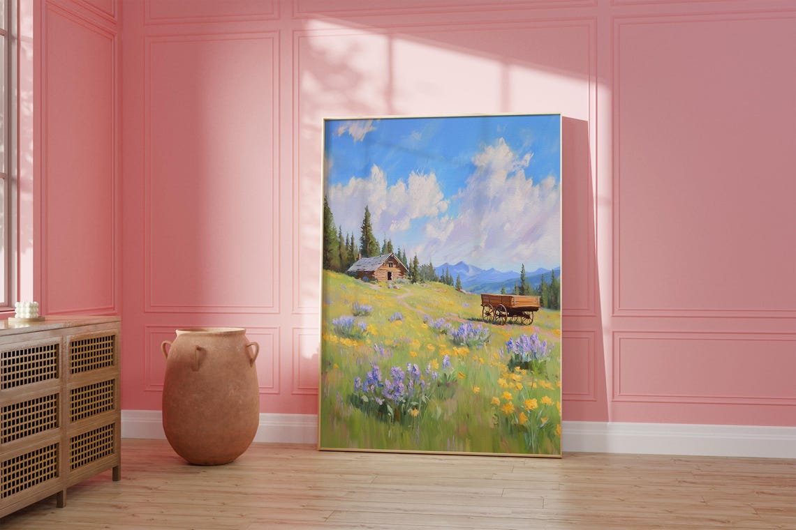 Western Ranch Cabin Wildflower Meadow Painting Rustic Cowboy Poster - Image 3