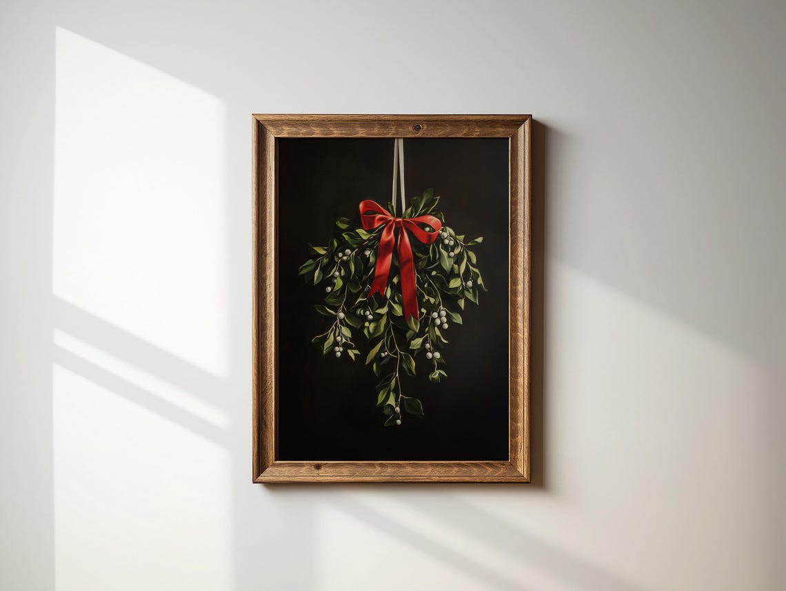 Vintage Moody Christmas Mistletoe With Red Bow Dark Botanical Poster - Image 4