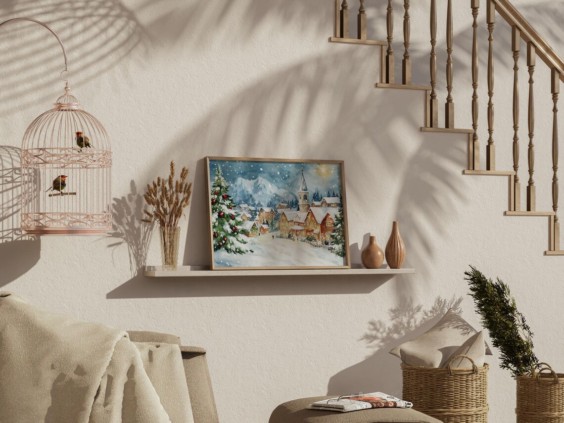 Snowy Christmas Village with Church Steeple at Night Painting Poster - Image 3