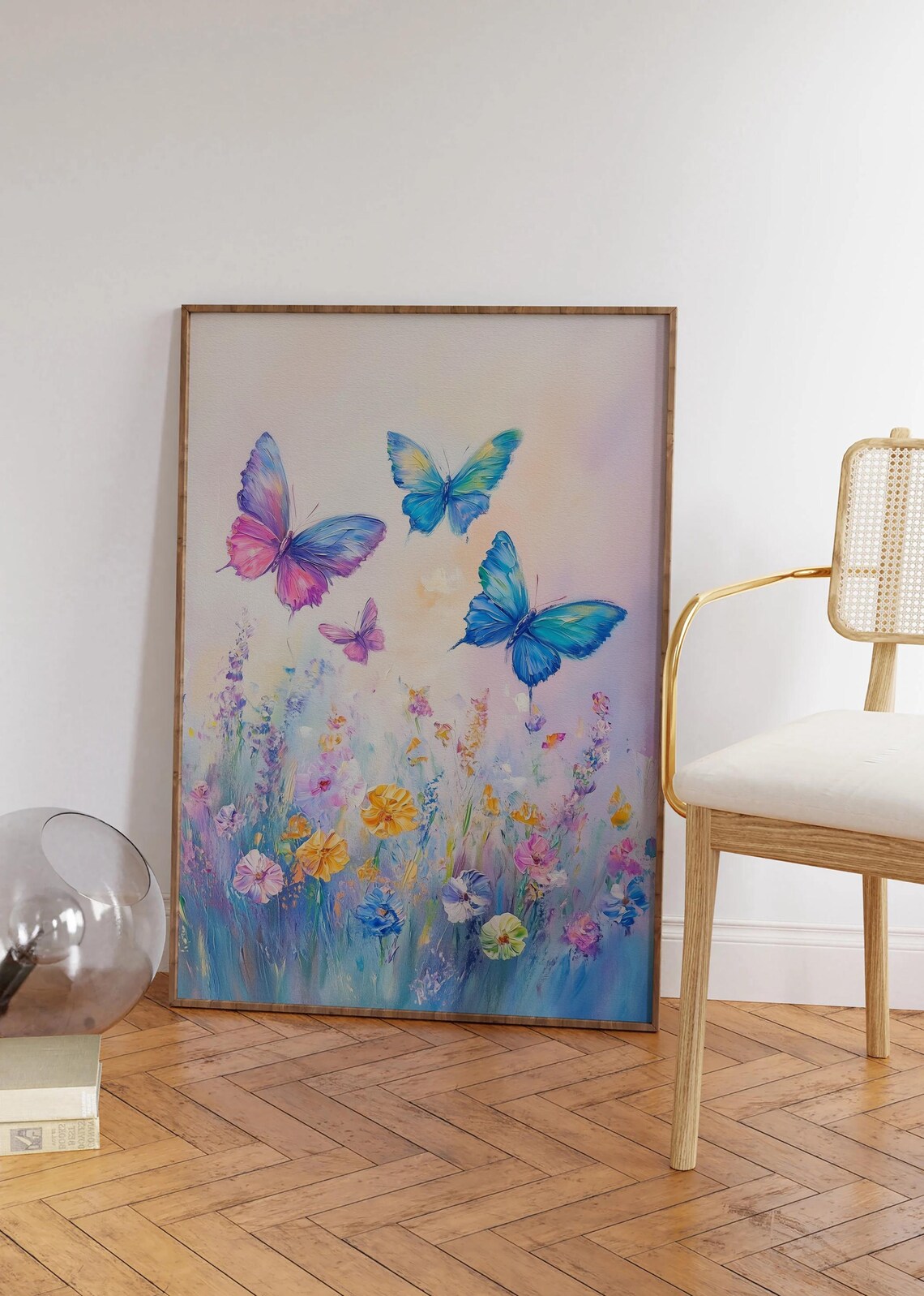 Colorful Butterflies Flying Over a Wildflower Meadow Painting Poster - Image 2