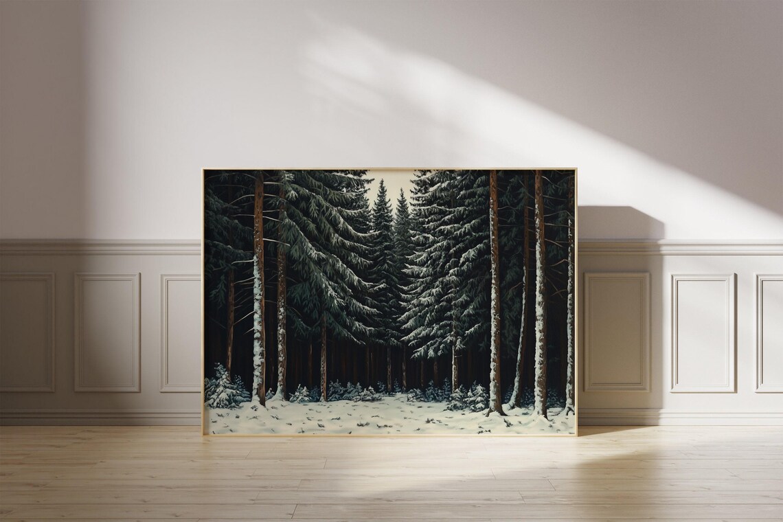 Vintage Winter Pine Forest Rustic Snowy Landscape Dark Cabin Wall Poster - Image 3
