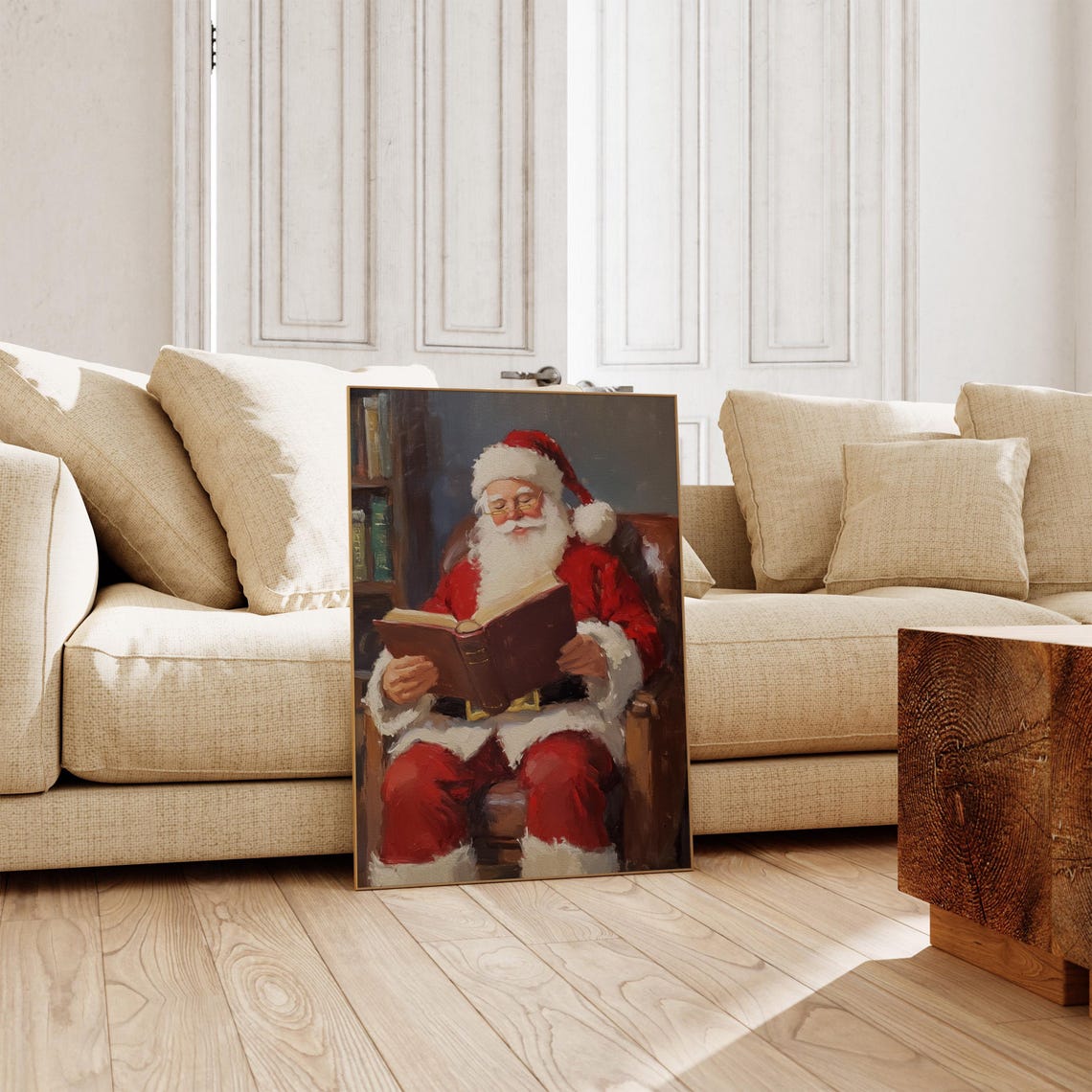 Vintage Santa Claus Reading a Book Impressionist Christmas Poster - Image 3