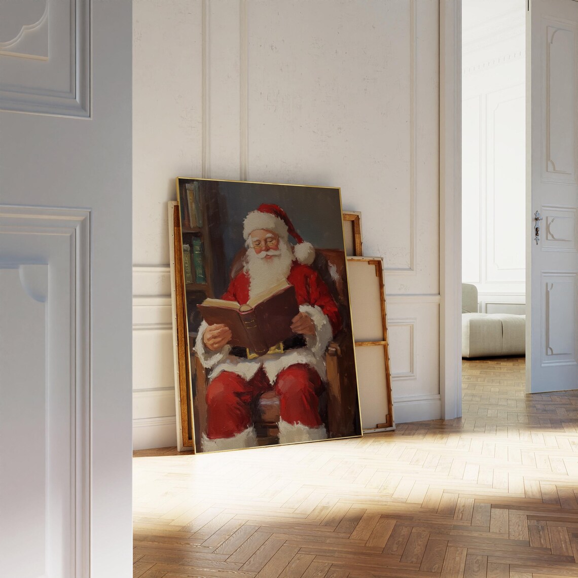 Vintage Santa Claus Reading a Book Impressionist Christmas Poster - Image 2