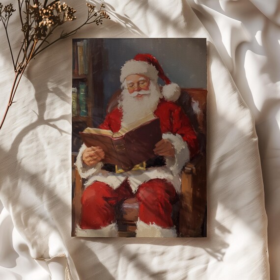 Vintage Santa Claus Reading a Book Impressionist Christmas Poster