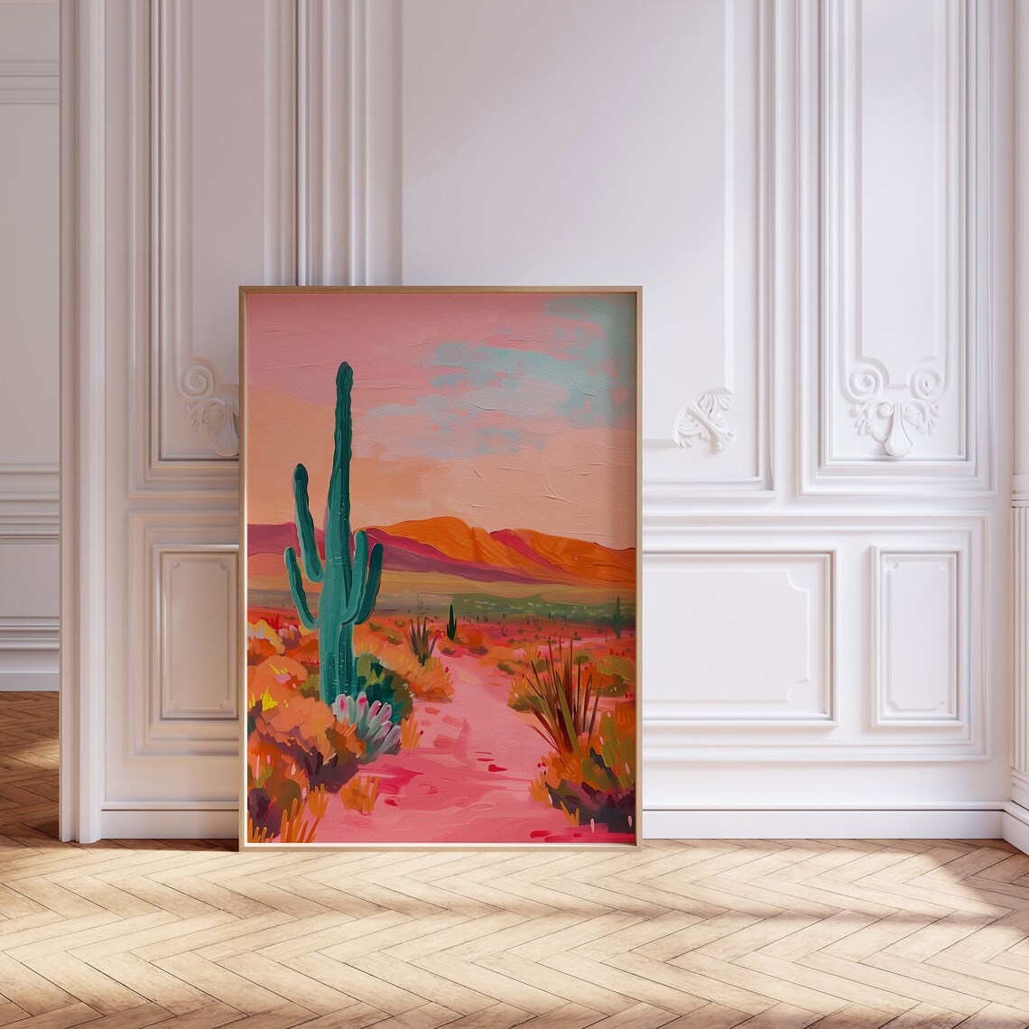 Vibrant Desert Trail with Saguaro Cactus at Pink Sunset Poster - Image 2