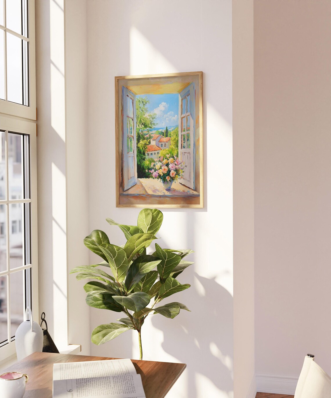 Open French Doors Terracotta Village Flower Bouquet Sunny Travel Poster - Image 4