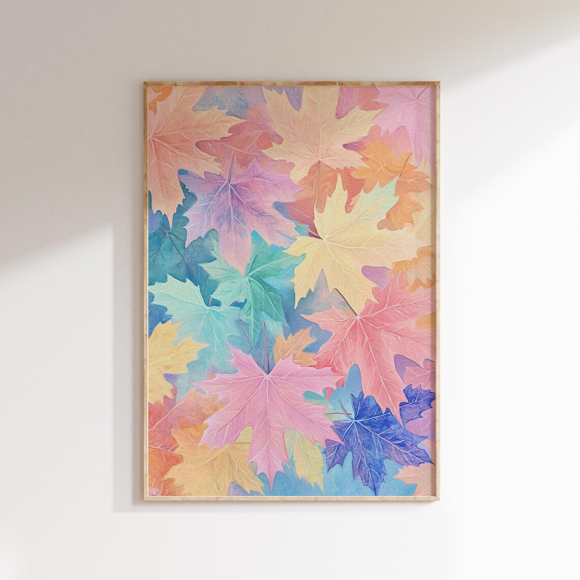 Pastel Autumn Maple Leaves in Pink Blue and Gold Pattern Poster - Image 5