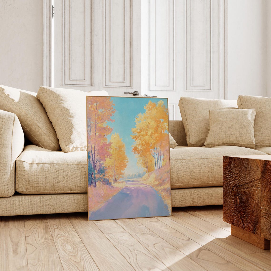 Sunlit Autumn Road Lined with Golden Trees Under Blue Sky Poster - Image 3