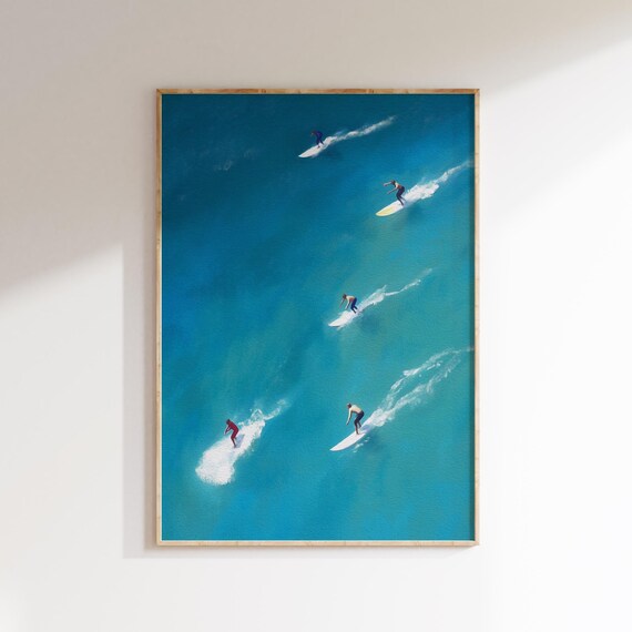 Tiny People Surfing The Ocean Minimalist Art Print