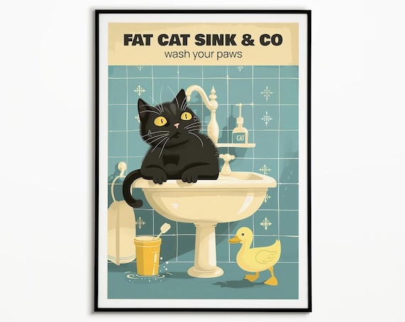 Fat Cat Sink and Co Poster Retro Black Cat Bathroom Wash Your Paws Wall Decor