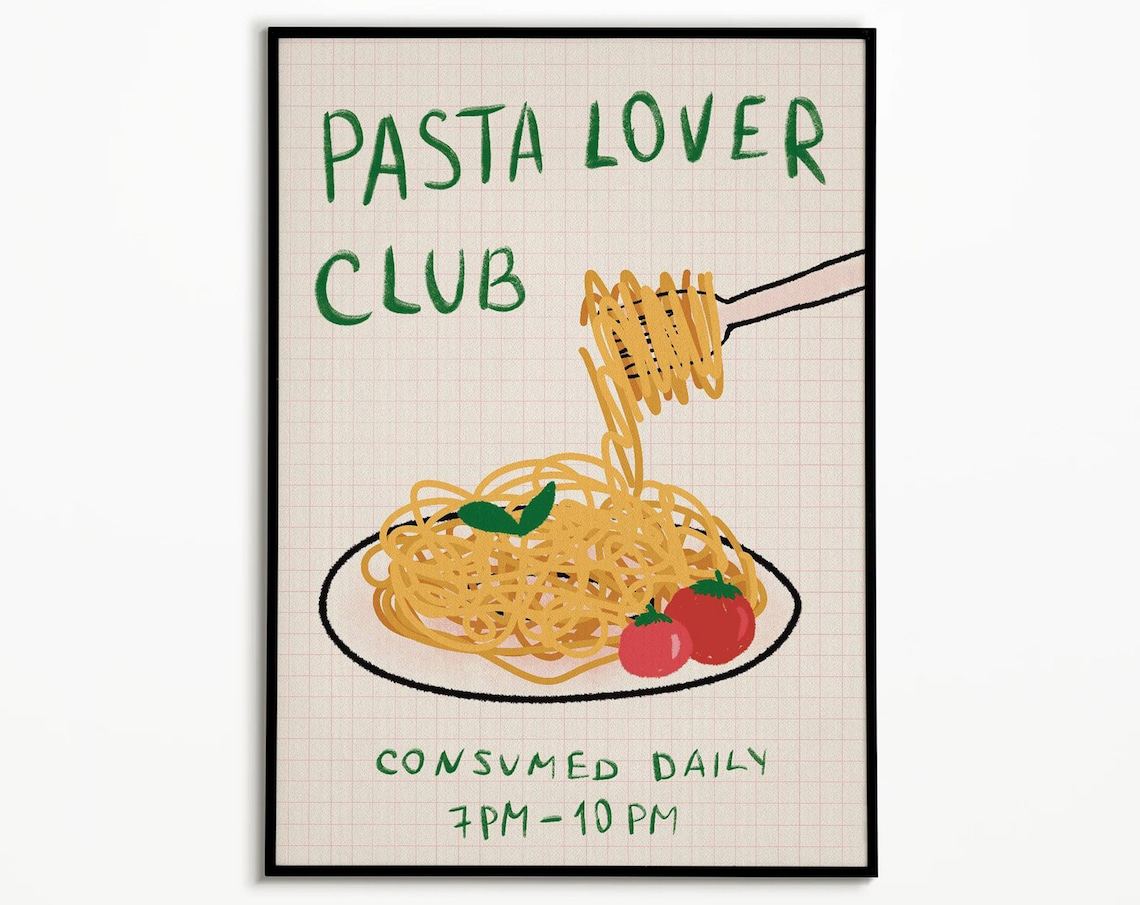 Pasta Lover Club Poster, Kitchen Food Art Print