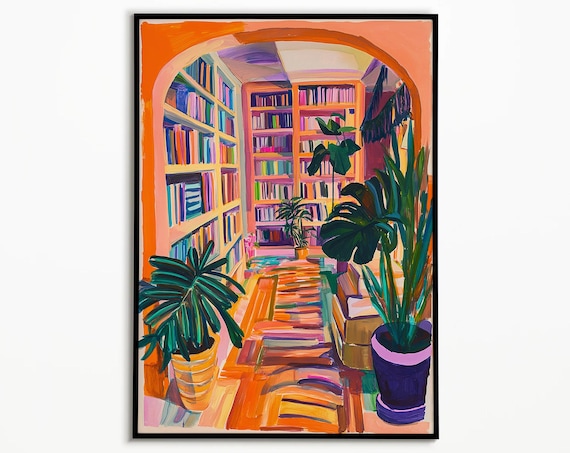 Colorful Library Interior Books Plants Matisse Style Painting Poster