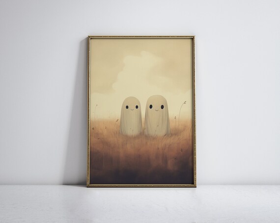 Cute Ghost Pair in Golden Field Poster Adorable Minimalist Halloween Decor