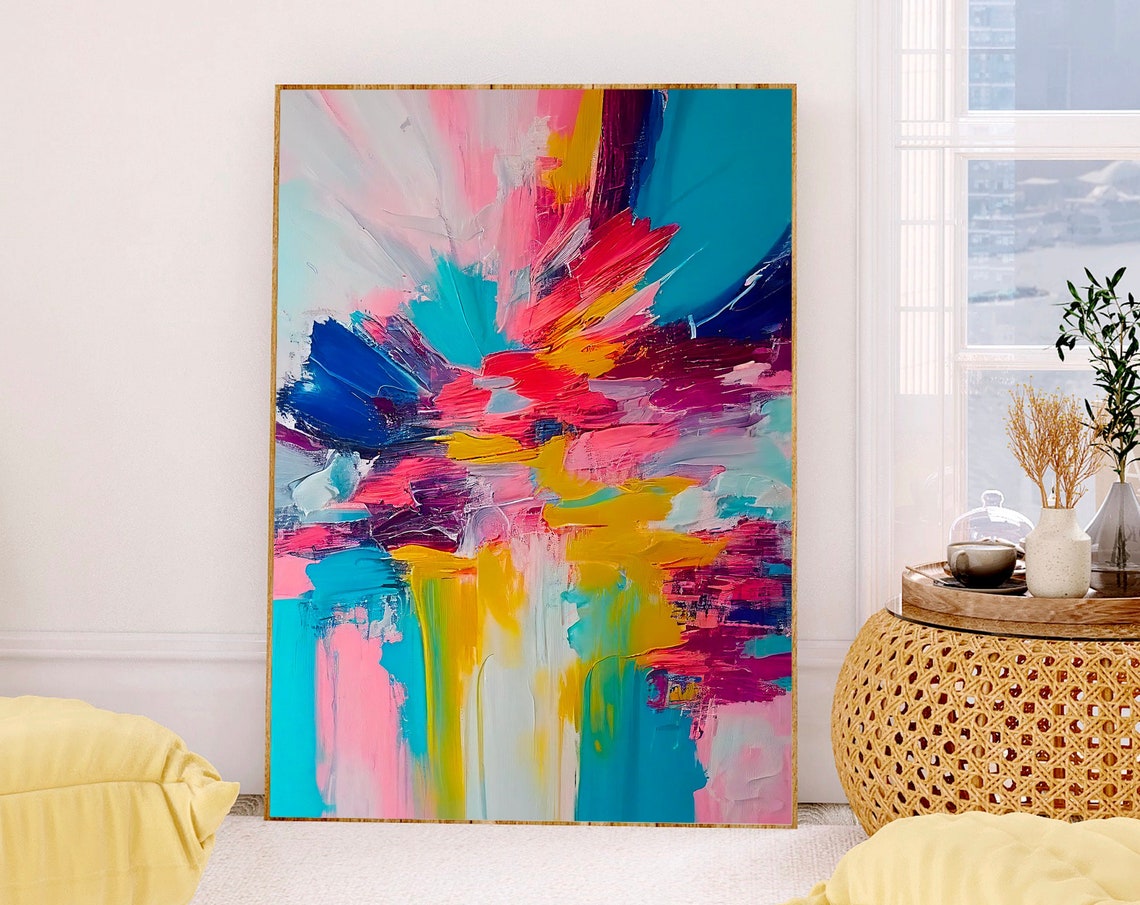 Hot Pink and Teal Impasto Brushstroke Abstract Modern Poster - Image 4