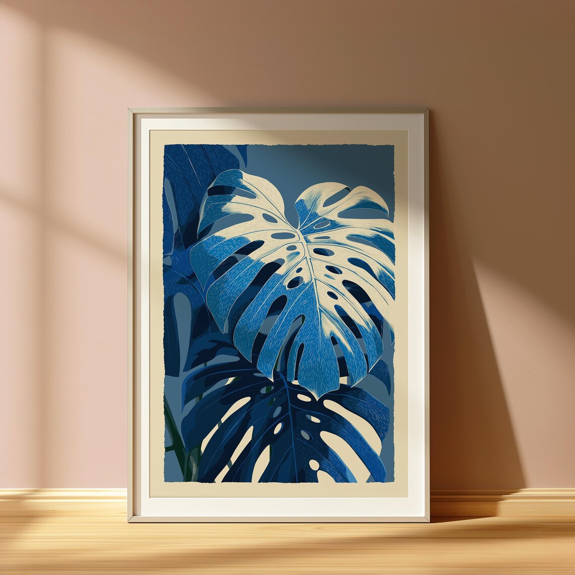Blue Monstera Leaf Art Print Modern Botanical Decor
