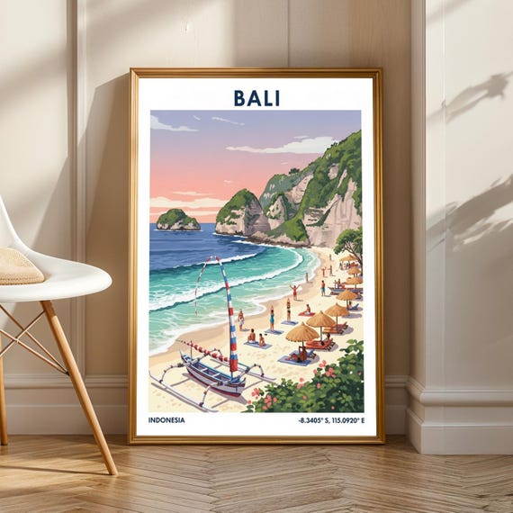 Bali Beach Scene Poster Pink Blue Green And Beige Illustration Tropical Art For Living Room Bedroom Office Travel Enthusiast Decor