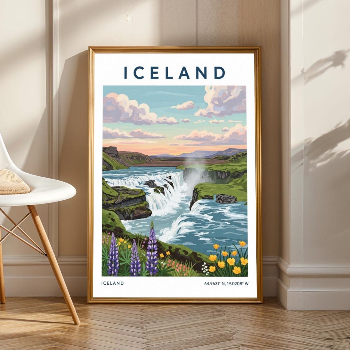 Iceland Waterfalls Landscape Poster Blue And Green Purple Yellow Nature Art Gouache Travel Enthusiast Print Living Room Decor