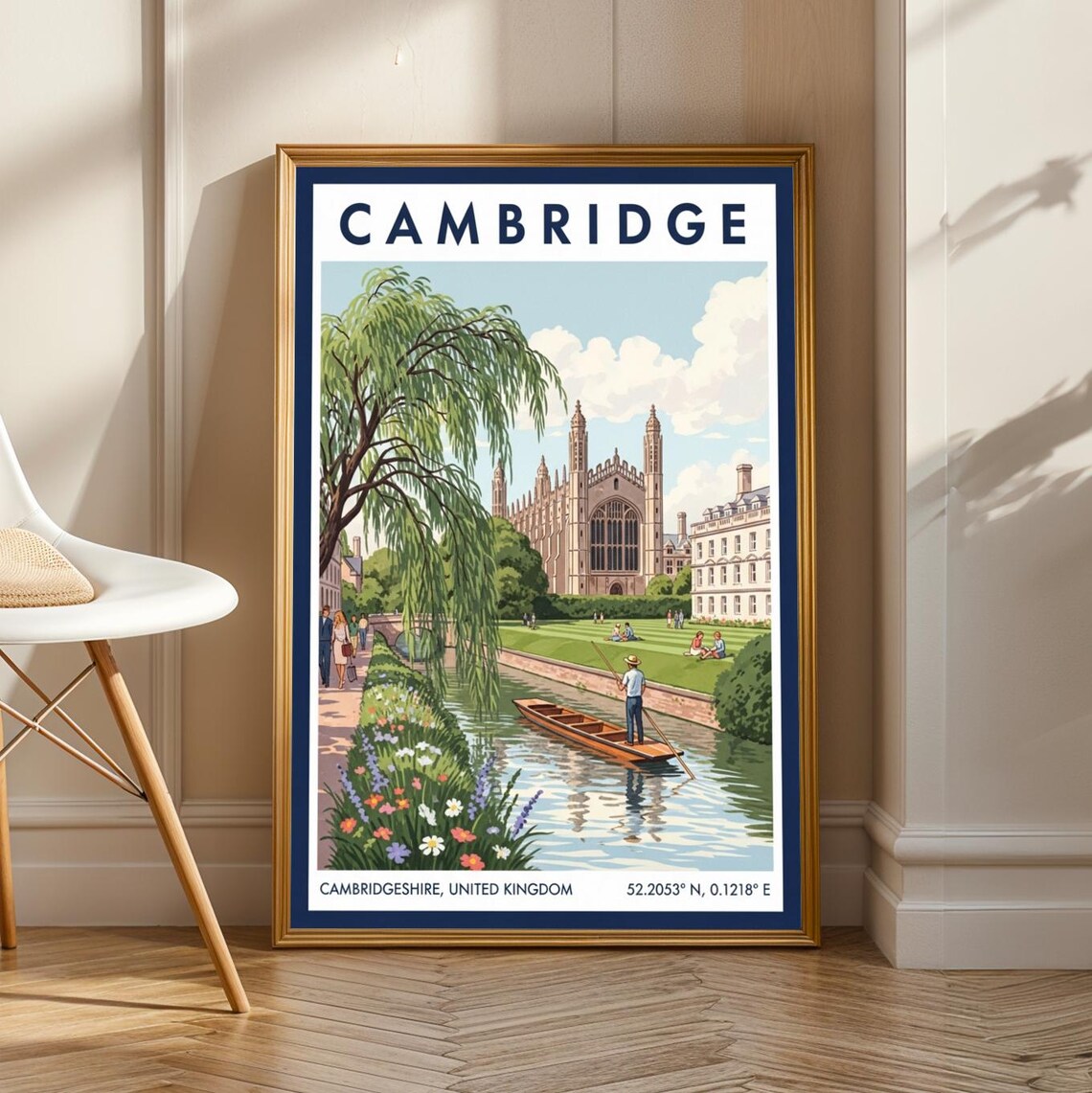 Cambridge Punting River King's College Chapel Vintage Travel Poster