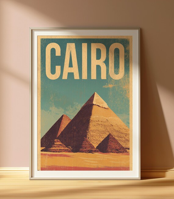 Vintage Cairo Travel Poster With Giza Pyramids Retro Egyptian Art