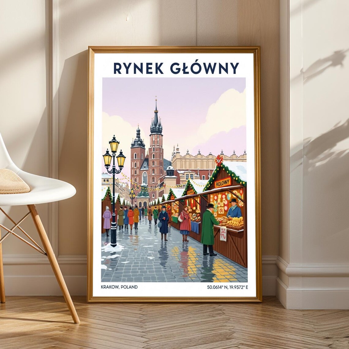 Krakow Rynek Gwny Travel Poster, Winter Market Scene