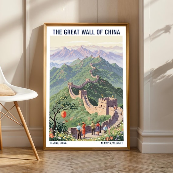Great Wall Of China Vintage Poster Green And Blue Orange Red Gouache Illustration Chinese Travel Art For Living Room Or Office