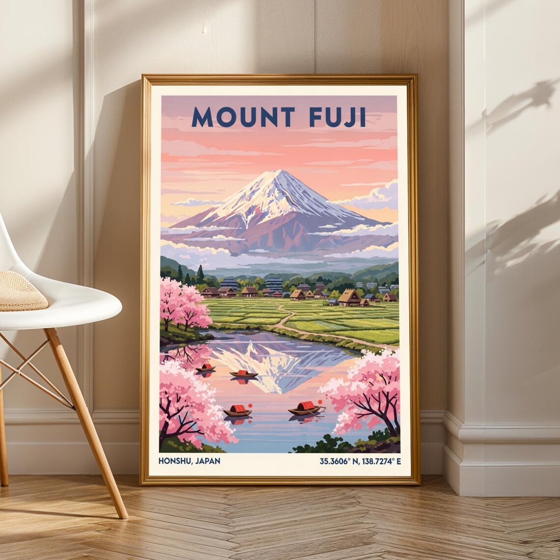 Mount Fuji Cherry Blossom Lake Vintage Travel Poster Honshu Japan