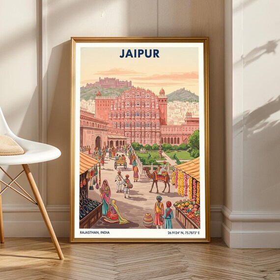 Jaipur Hawa Mahal Pink City India Vintage Travel Poster Market Scene