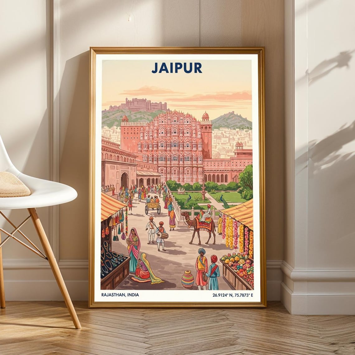 Jaipur Hawa Mahal Pink City India Vintage Travel Poster Market Scene