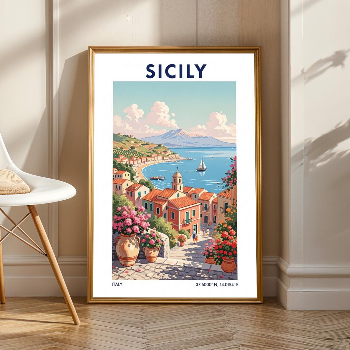Sicily Coastal Village Mount Etna Mediterranean Vintage Travel Poster