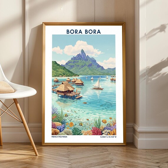 Bora Paradise Poster Vintage Gouache Painting Blue Green Purple Orange And Yellow Tropical Art Island Illustration Wall