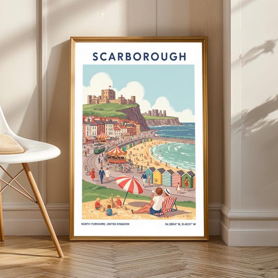 Scarborough Beach Scene Poster Blue And Green Red Yellow Art Vintage Travel Illustration Retro Seaside Decor Living Room