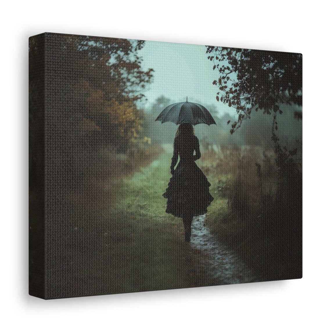 Woman in a Black Dress with Umbrella on a Misty Forest Path Gothic Poster - Image 3