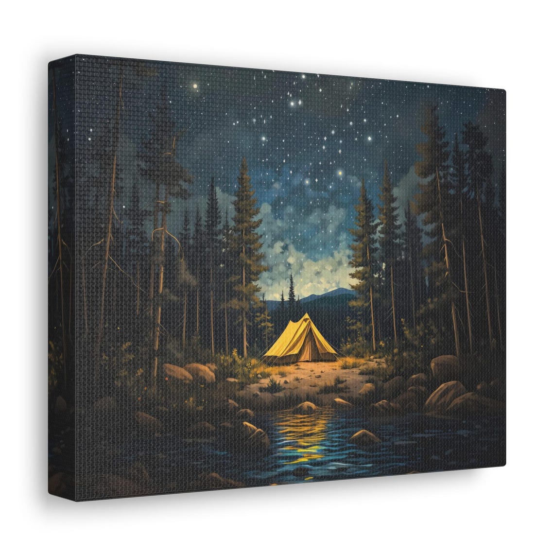 Starry Night Camping Scene Tent Beside River Forest Wall Art - Image 2