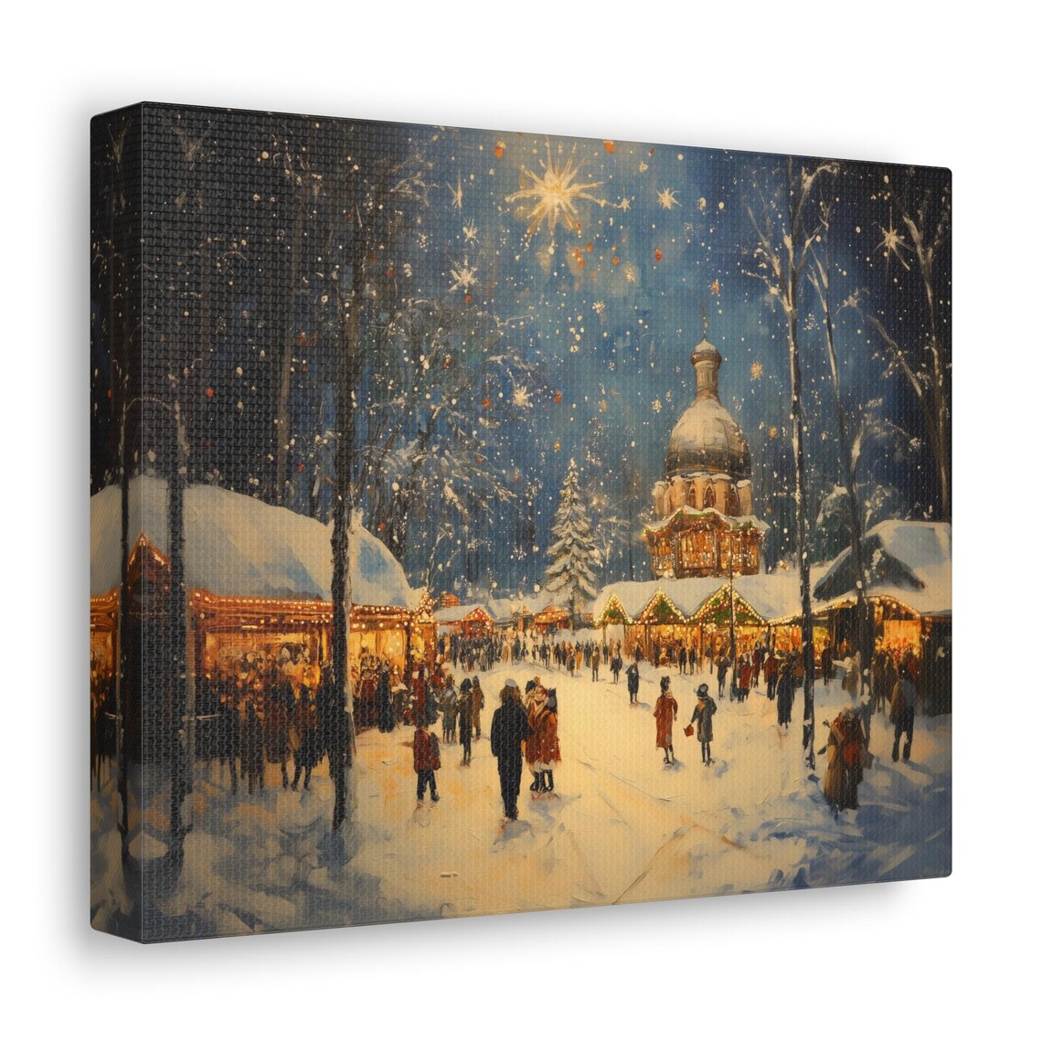 Winter Festival Market Under Sparkling Night Sky With Crowds And Lights Print - Image 2