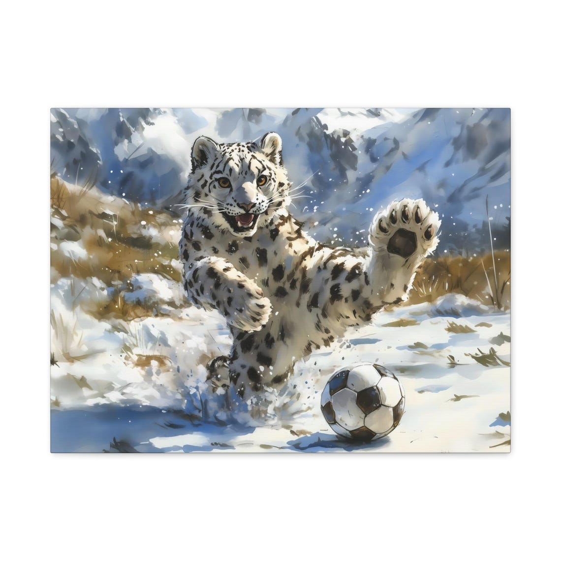 Playful Snow Leopard Cub Soccer Watercolor Snow Mountain Scene Poster - Image 3