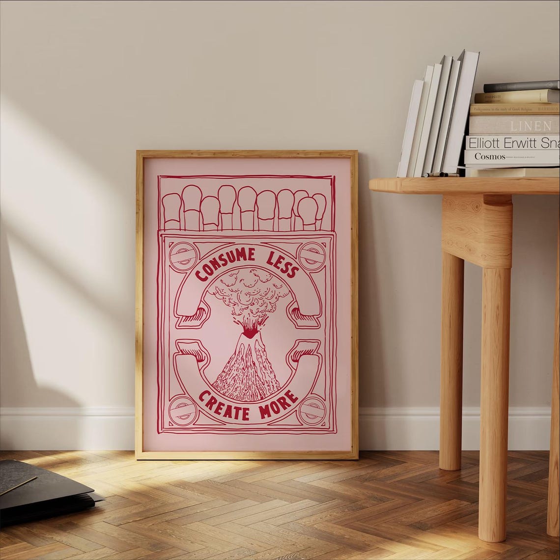 Consume Less Create More Retro Matchbox Volcano Red Line Art Print - Image 2