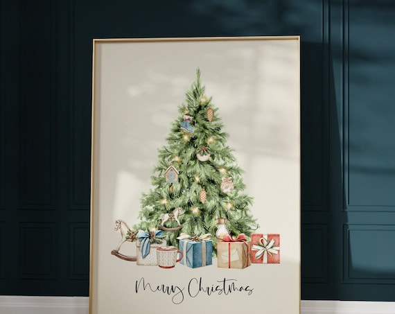 Watercolor Christmas Tree With Gifts Merry Christmas Holiday Poster