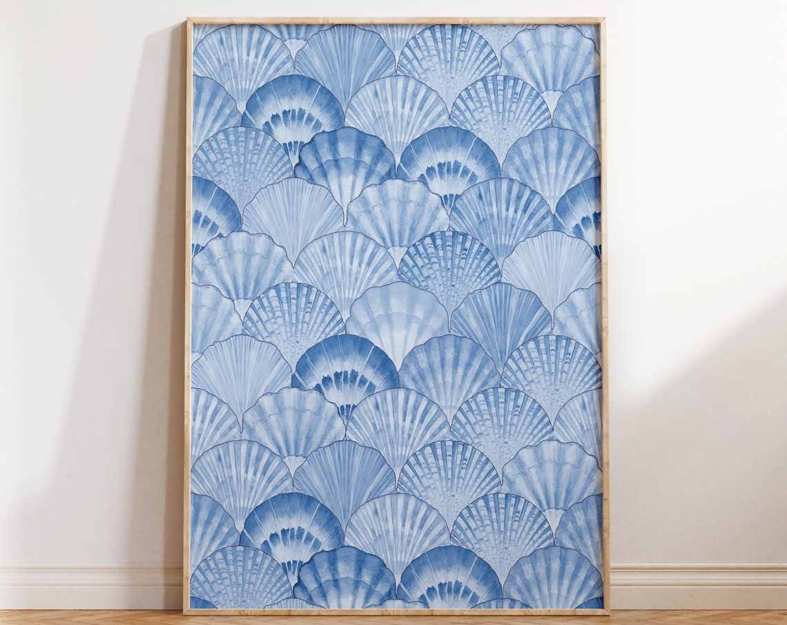 Blue Watercolor Scallop Shell Fish Scale Pattern Coastal Decor Poster