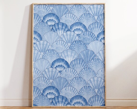 Blue Watercolor Scallop Shell Fish Scale Pattern Coastal Decor Poster