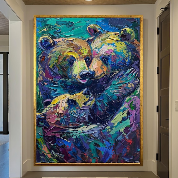 Colorful Bear Family Hug Thick Impasto Oil Style Wildlife Wall Art