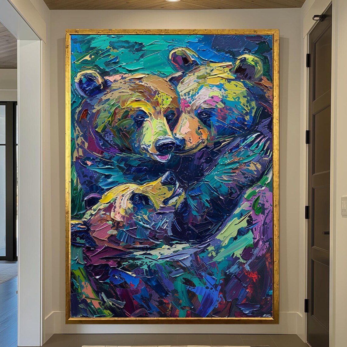 Colorful Bear Family Hug Thick Impasto Oil Style Wildlife Wall Art