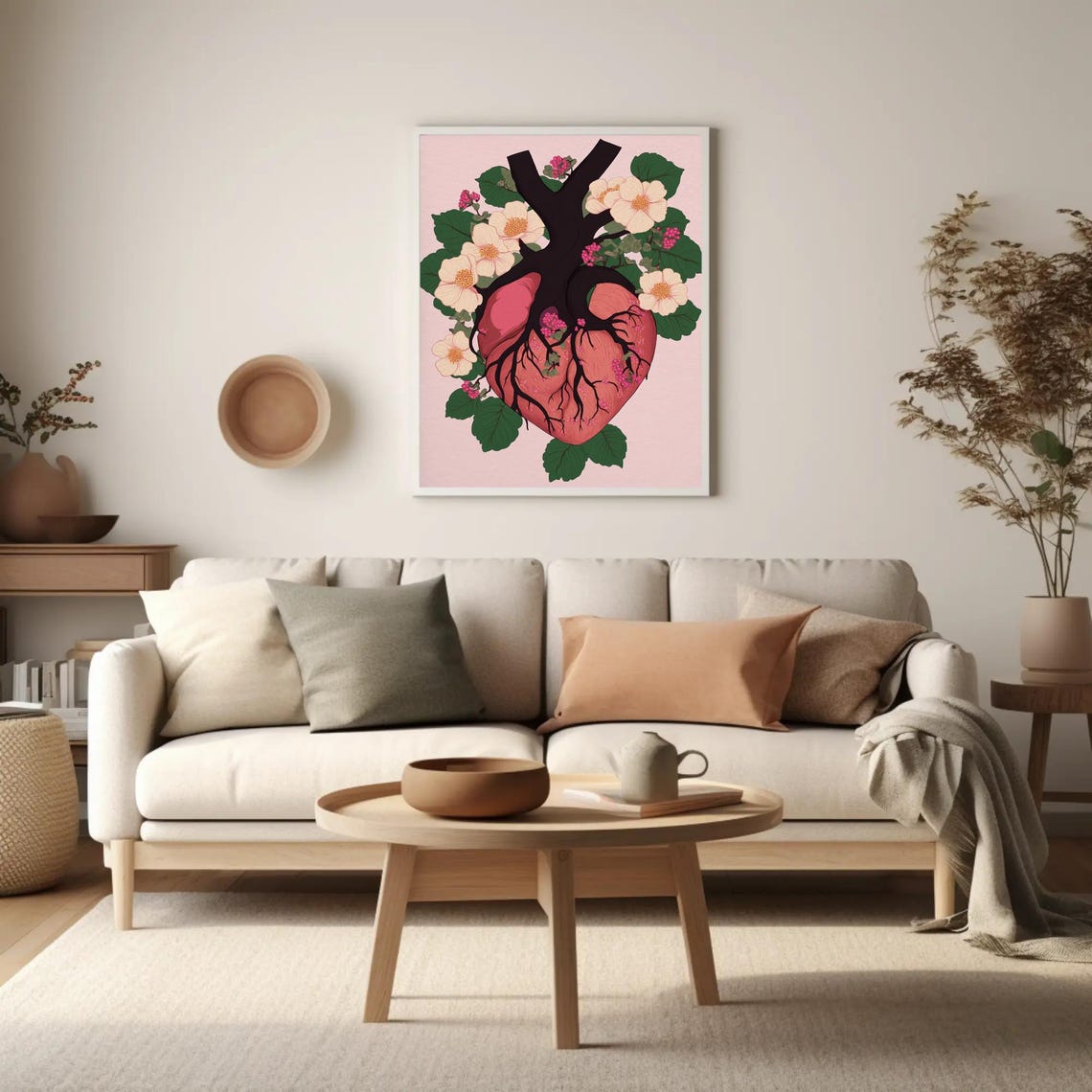 Anatomical Heart with Floral Botanical Illustration Pink Poster - Image 3