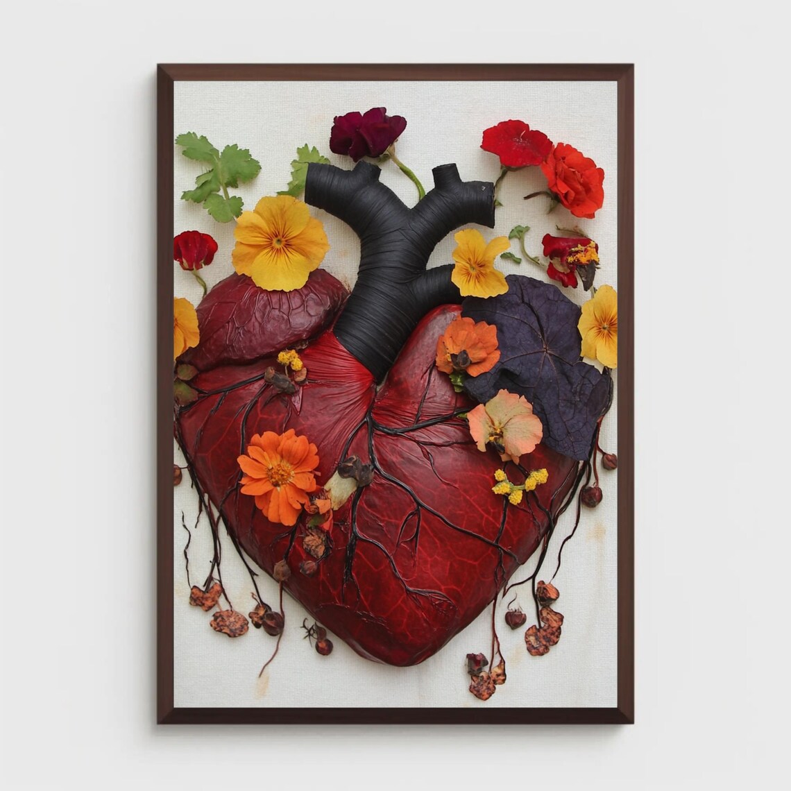 Anatomical Heart with Flowers Pressed Floral Botanical Art Poster
