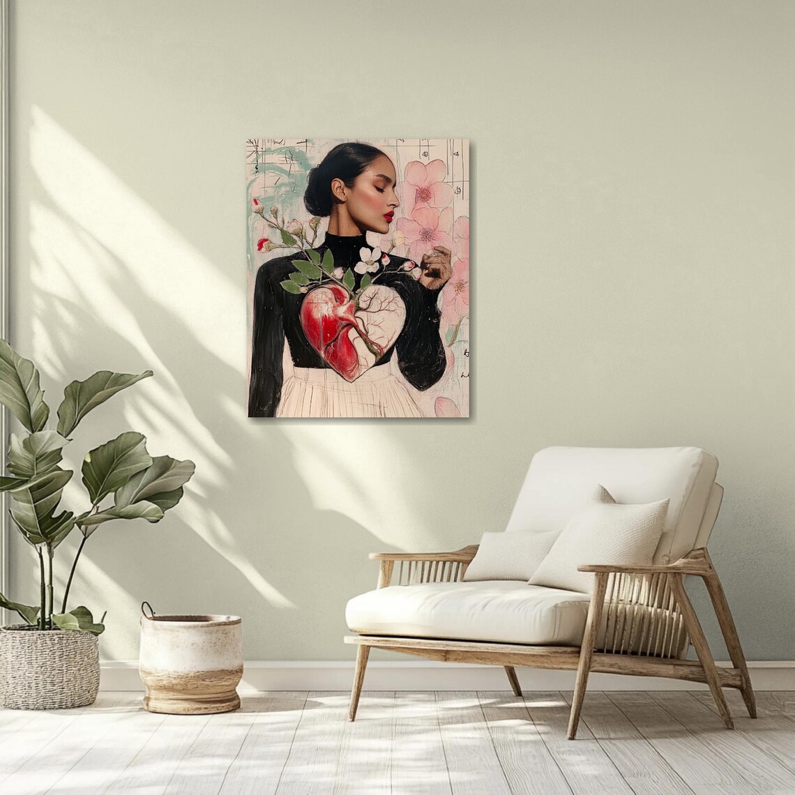 Elegant Woman Profile with Anatomical Heart Cherry Blossom Poster - Image 2