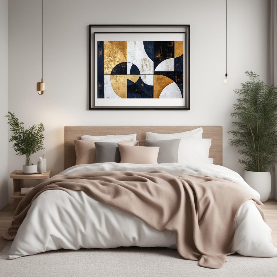 Bauhaus Geometric Arches Gold Navy White Abstract Art Poster - Image 2