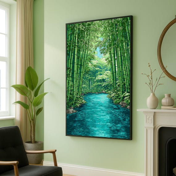 Tranquil Bamboo Forest Serene River Canvas Nature Wall Art Green Landscape Decor Zen Garden Relaxing Home Decoration