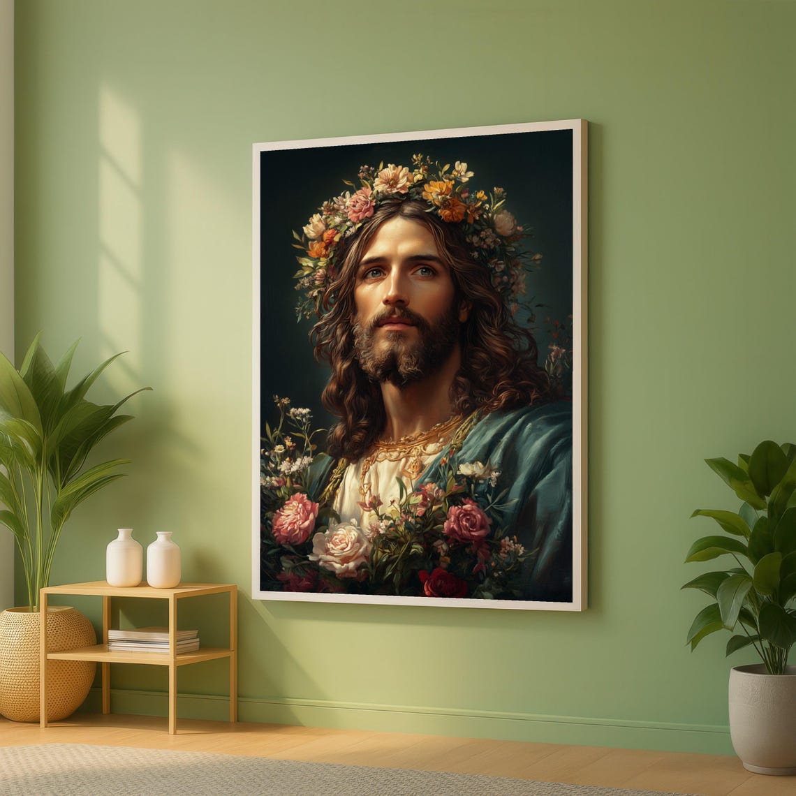 Serene Jesus Christ Floral Crown Classic Portrait Religious Wall Art